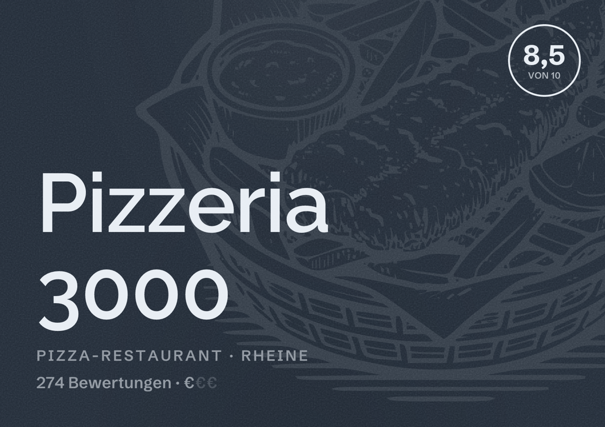 Illustriertes Poster von Pizzeria 3000, Pizza-Restaurant in Rheine: Bewertung 8,5 von 10 aus 274 Bewertungen, Preisniveau €