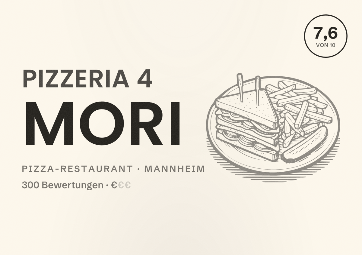 Illustriertes Poster von Pizzeria 4 Mori, Pizza-Restaurant in Mannheim: Bewertung 7,6 von 10 aus 300 Bewertungen, Preisniveau €