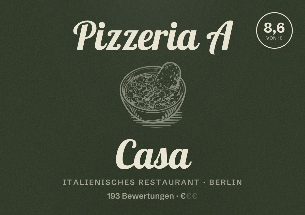 Illustriertes Poster von Pizzeria A Casa, Italienisches Restaurant in Berlin: Bewertung 8,6 von 10 aus 193 Bewertungen, Preisniveau €