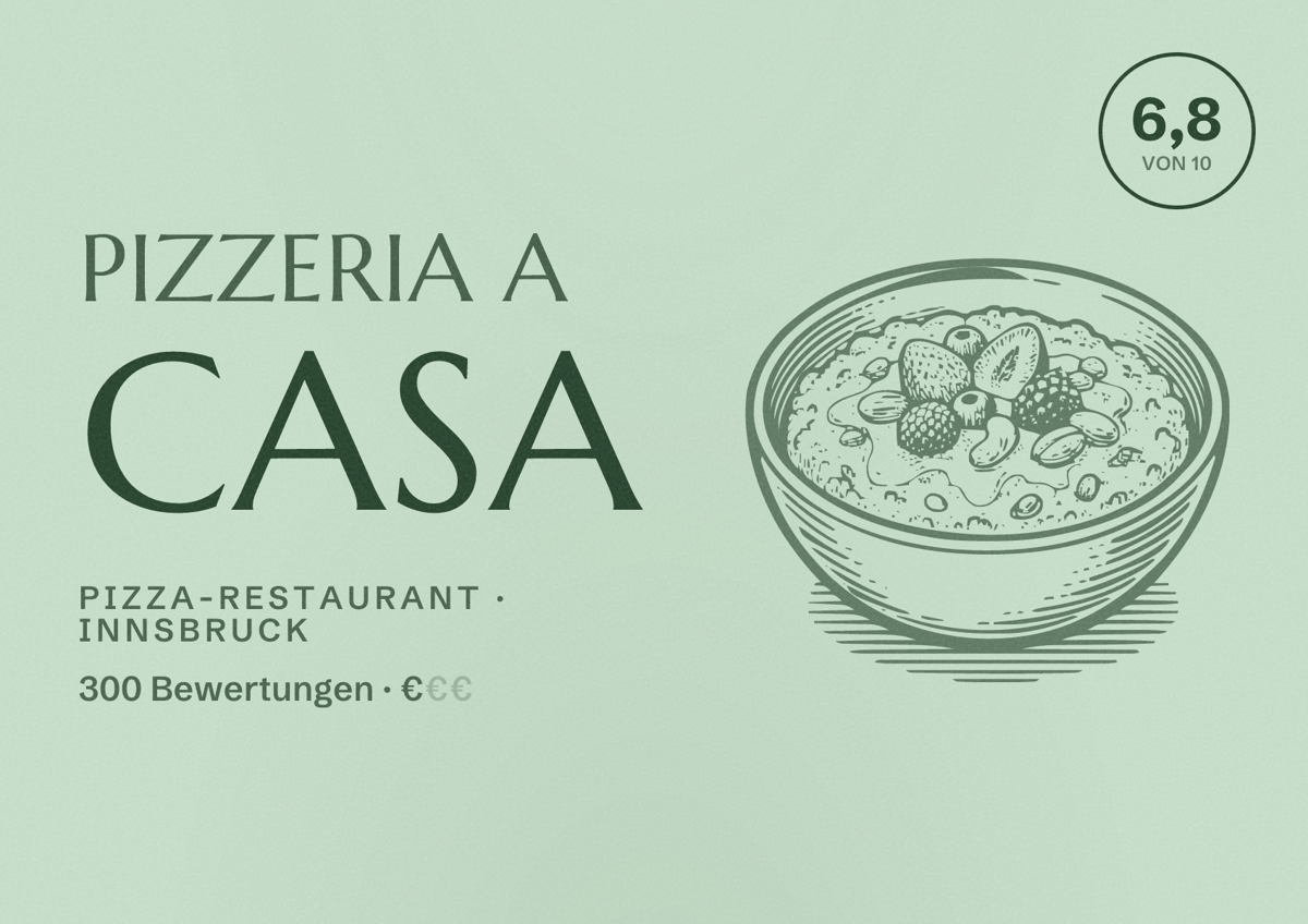 Illustriertes Poster von Pizzeria A CASA, Pizza-Restaurant in Innsbruck: Bewertung 6,8 von 10 aus 300 Bewertungen, Preisniveau €