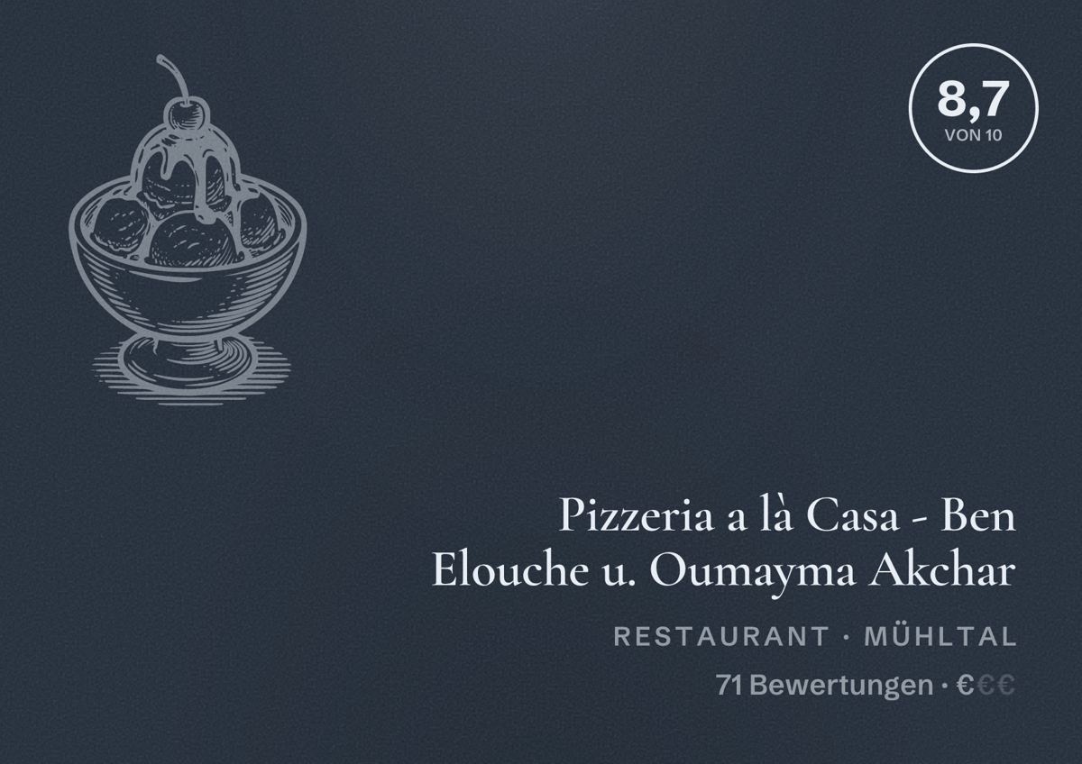 Illustriertes Poster von Pizzeria a là Casa - Ben Elouche u. Oumayma Akchar, Restaurant in Mühltal: Bewertung 8,7 von 10 aus 71 Bewertungen, Preisniveau €