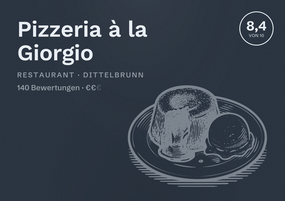 Illustriertes Poster von Pizzeria à la Giorgio, Restaurant in Dittelbrunn: Bewertung 8,4 von 10 aus 140 Bewertungen, Preisniveau €€