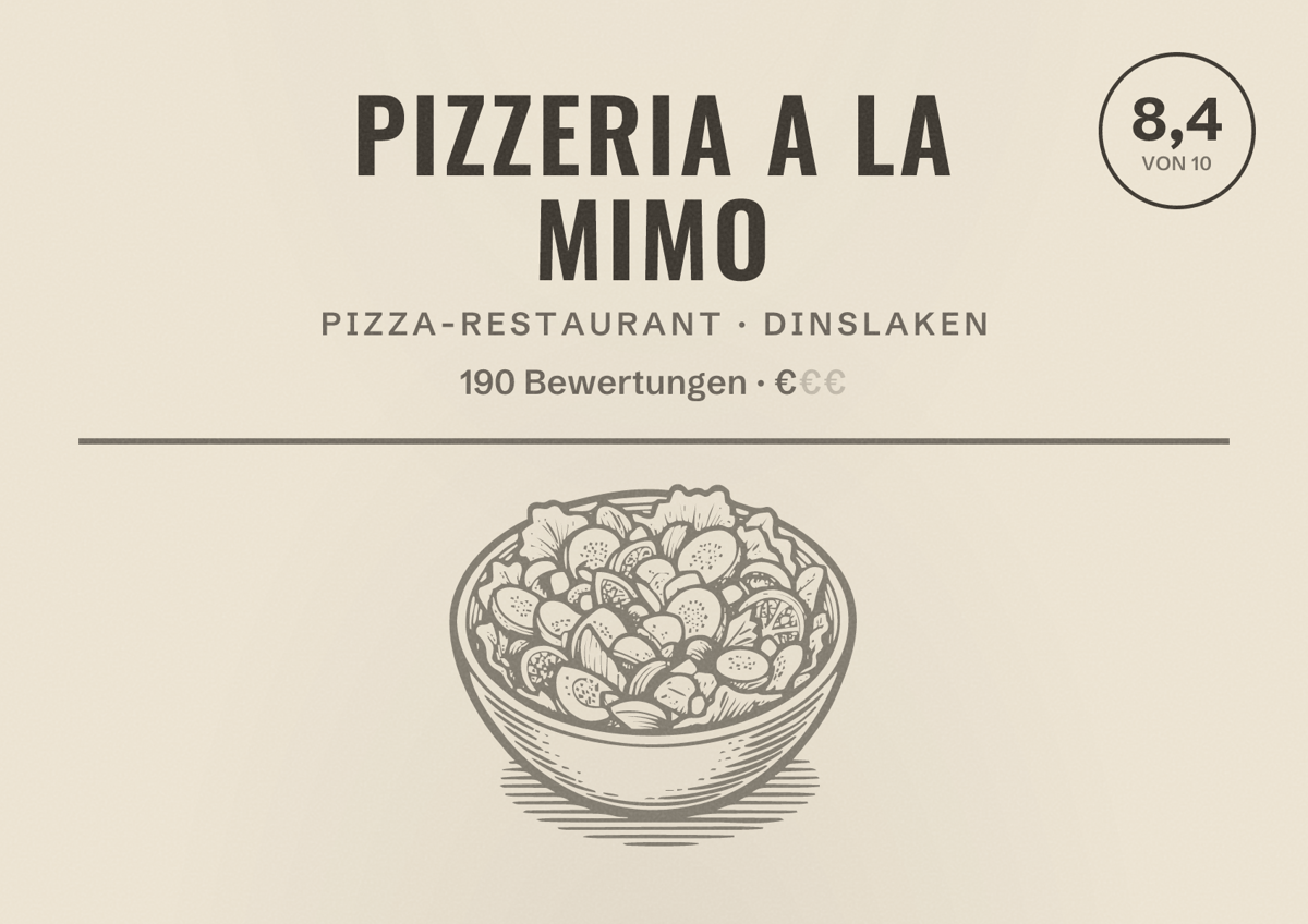 Illustriertes Poster von Pizzeria a la Mimo, Pizza-Restaurant in Dinslaken: Bewertung 8,4 von 10 aus 190 Bewertungen, Preisniveau €