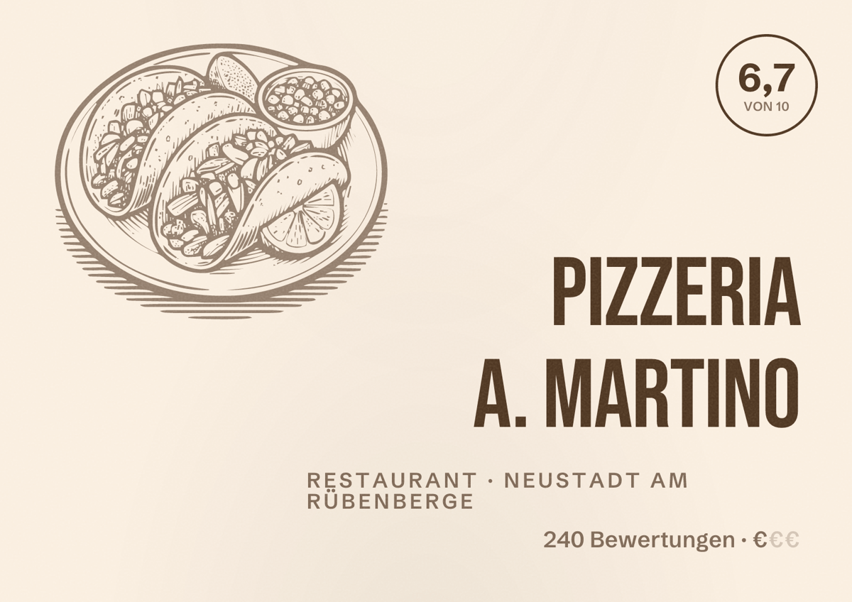 Illustriertes Poster von Pizzeria A. Martino, Restaurant in Neustadt am Rübenberge: Bewertung 6,7 von 10 aus 240 Bewertungen, Preisniveau €
