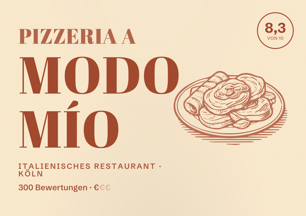 Illustriertes Poster von Pizzeria A Modo Mío, Italienisches Restaurant in Köln: Bewertung 8,3 von 10 aus 300 Bewertungen, Preisniveau €