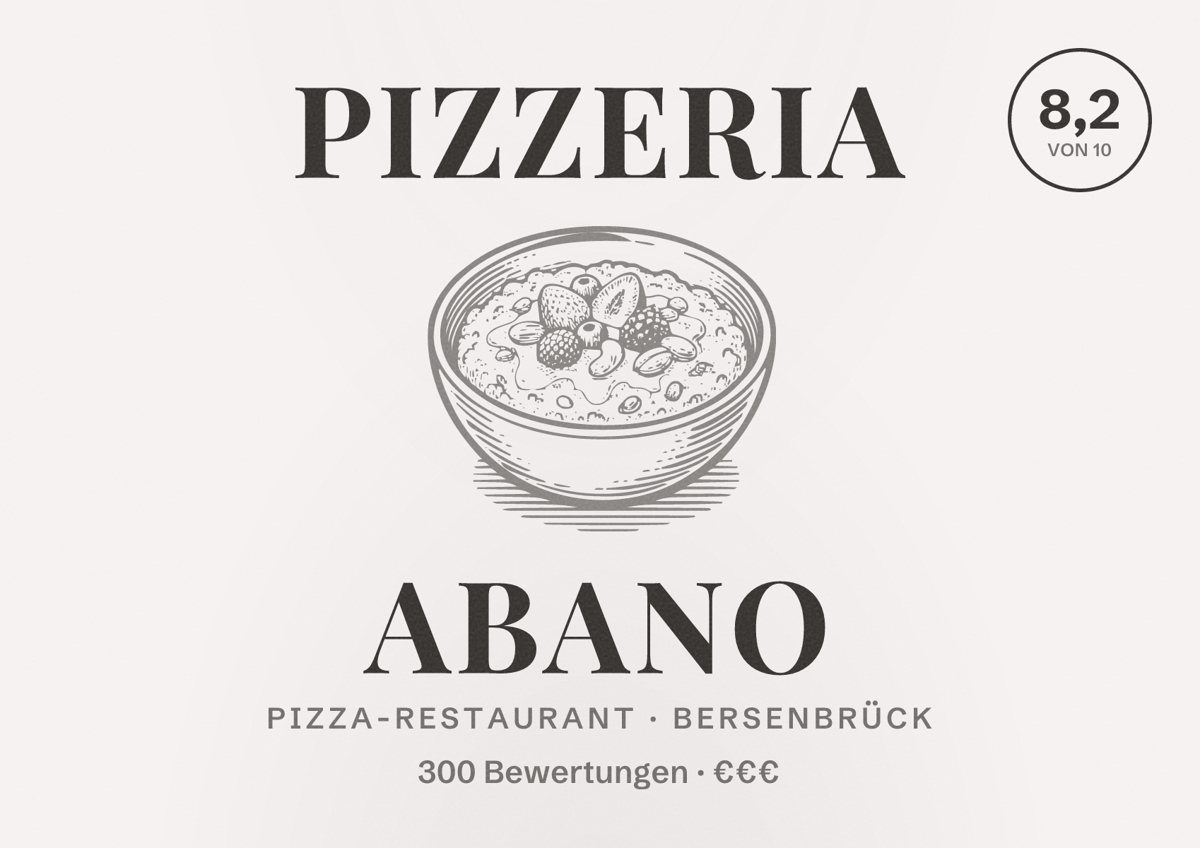 Illustriertes Poster von Pizzeria Abano, Pizza-Restaurant in Bersenbrück: Bewertung 8,2 von 10 aus 300 Bewertungen, Preisniveau €€€