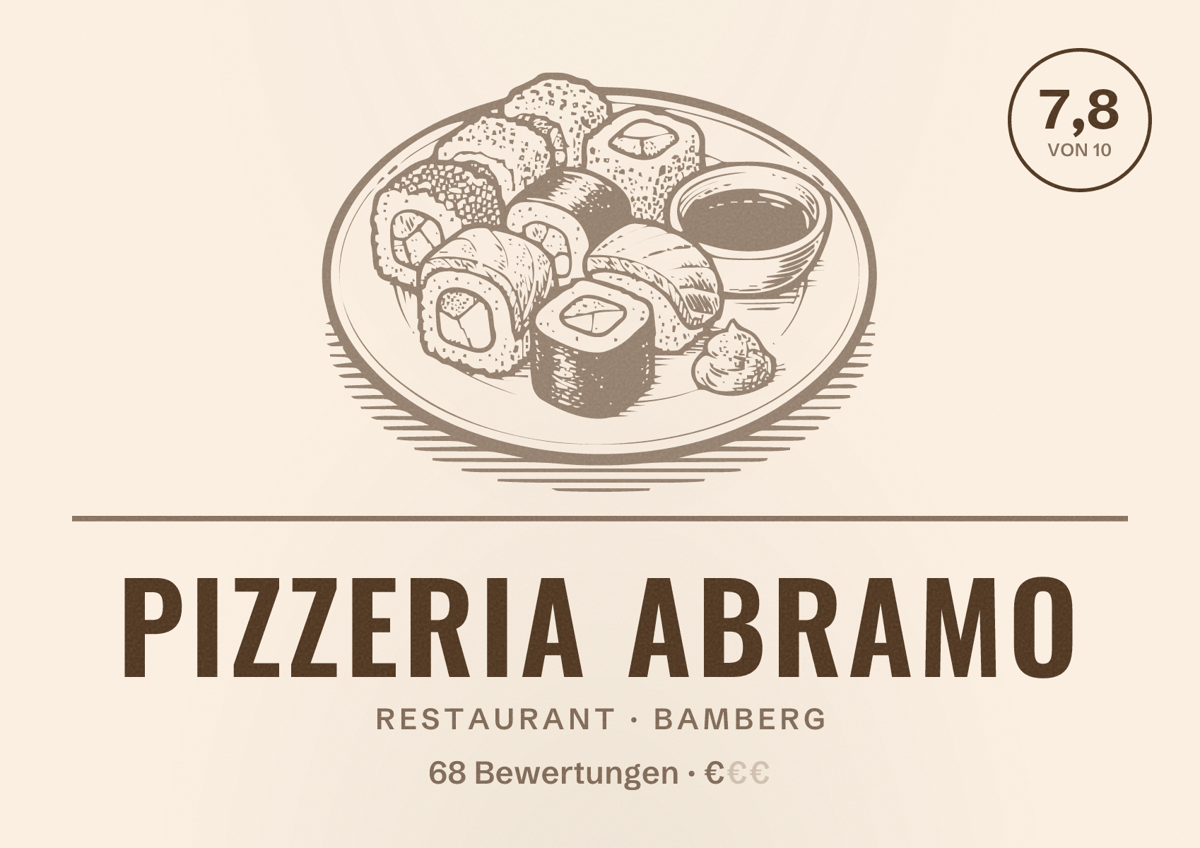 Illustriertes Poster von Pizzeria Abramo, Restaurant in Bamberg: Bewertung 7,8 von 10 aus 68 Bewertungen, Preisniveau €