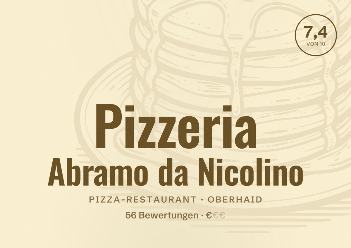 Illustriertes Poster von Pizzeria Abramo da Nicolino, Pizza-Restaurant in Oberhaid: Bewertung 7,4 von 10 aus 56 Bewertungen, Preisniveau €