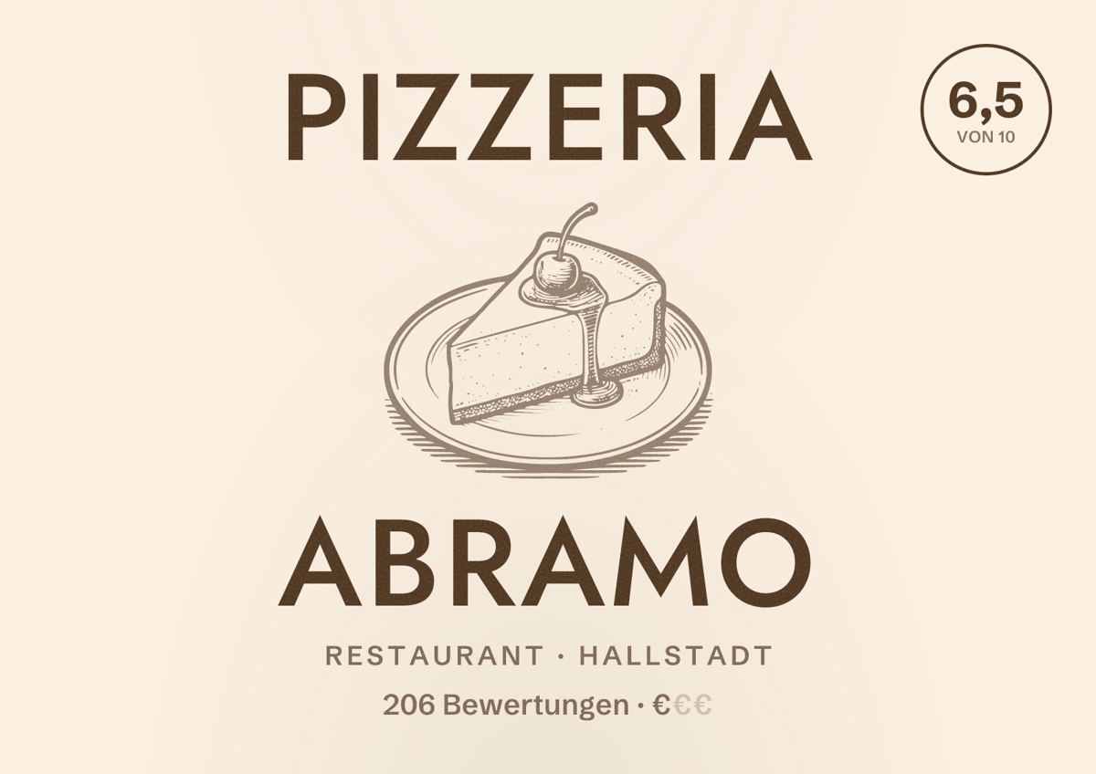 Illustriertes Poster von Pizzeria Abramo, Restaurant in Hallstadt: Bewertung 6,5 von 10 aus 206 Bewertungen, Preisniveau €