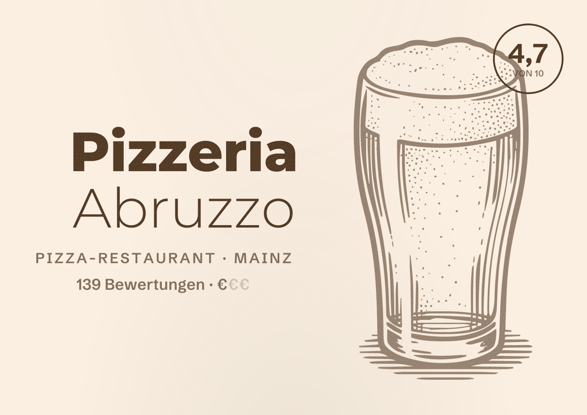Illustriertes Poster von Pizzeria Abruzzo, Pizza-Restaurant in Mainz: Bewertung 4,7 von 10 aus 139 Bewertungen, Preisniveau €