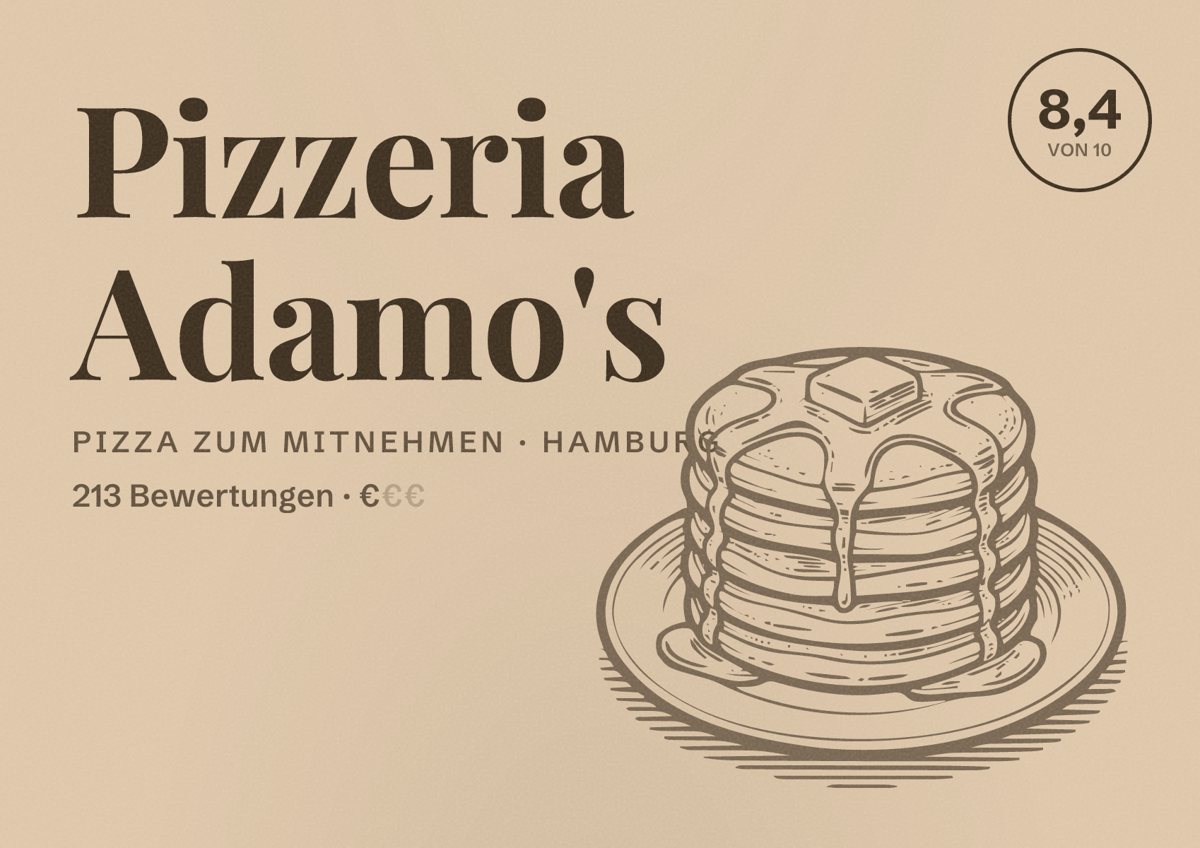 Illustriertes Poster von Pizzeria Adamo's, Pizza zum Mitnehmen in Hamburg: Bewertung 8,4 von 10 aus 213 Bewertungen, Preisniveau €