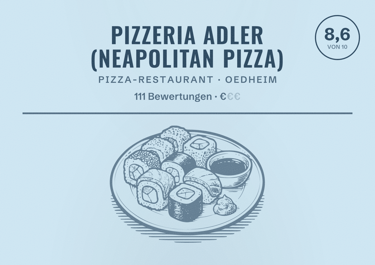 Illustriertes Poster von Pizzeria Adler (Neapolitan Pizza), Pizza-Restaurant in Oedheim: Bewertung 8,6 von 10 aus 111 Bewertungen, Preisniveau €