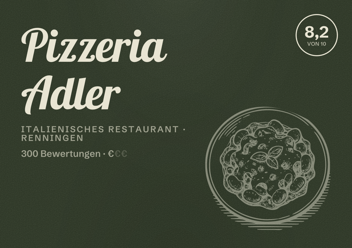 Illustriertes Poster von Pizzeria Adler, Italienisches Restaurant in Renningen: Bewertung 8,2 von 10 aus 300 Bewertungen, Preisniveau €