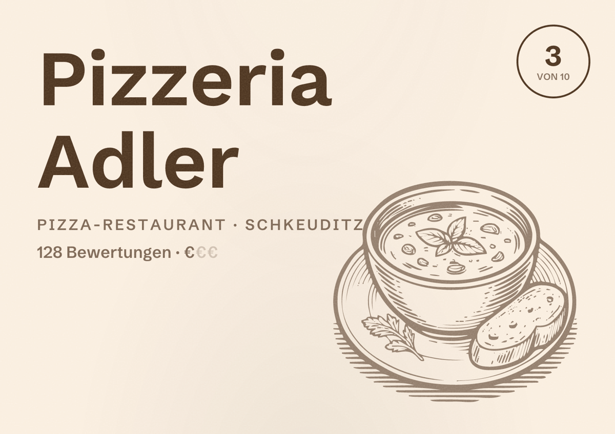 Illustriertes Poster von Pizzeria Adler, Pizza-Restaurant in Schkeuditz: Bewertung 3 von 10 aus 128 Bewertungen, Preisniveau €