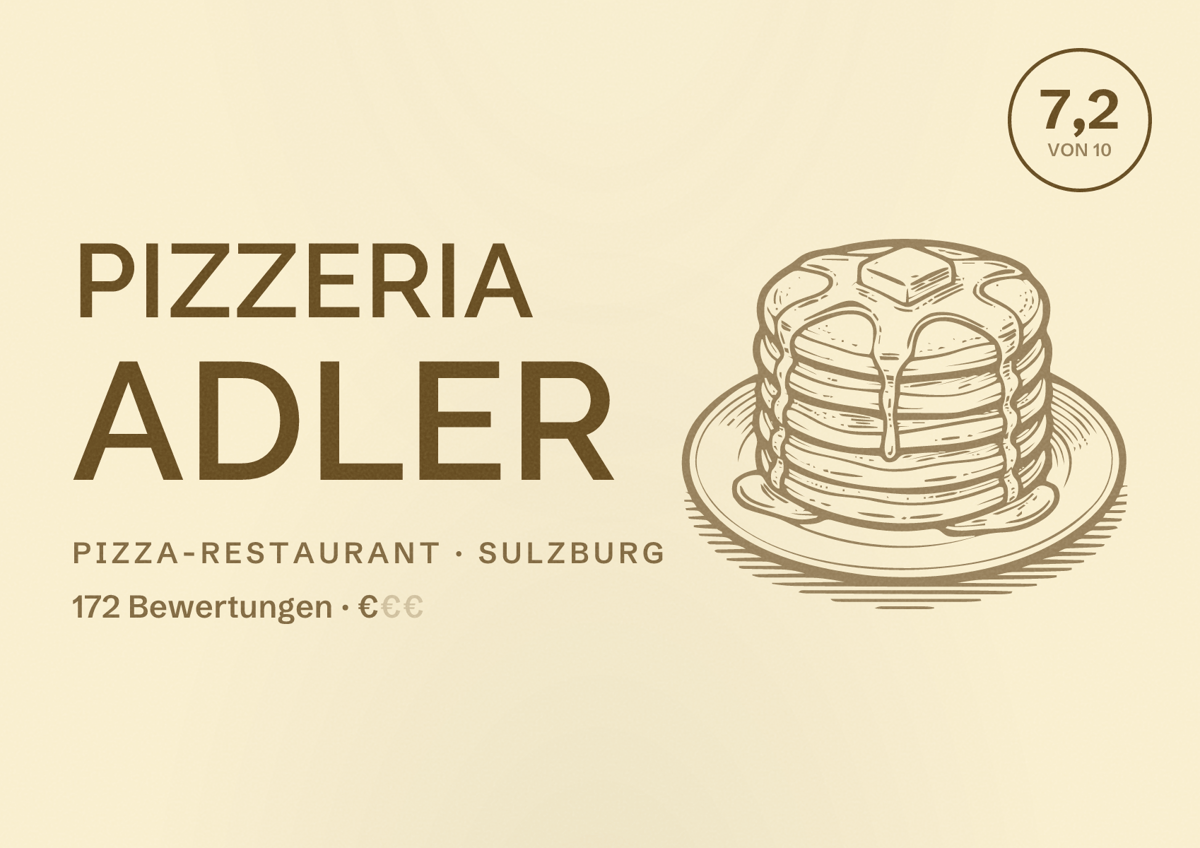 Illustriertes Poster von Pizzeria Adler, Pizza-Restaurant in Sulzburg: Bewertung 7,2 von 10 aus 172 Bewertungen, Preisniveau €