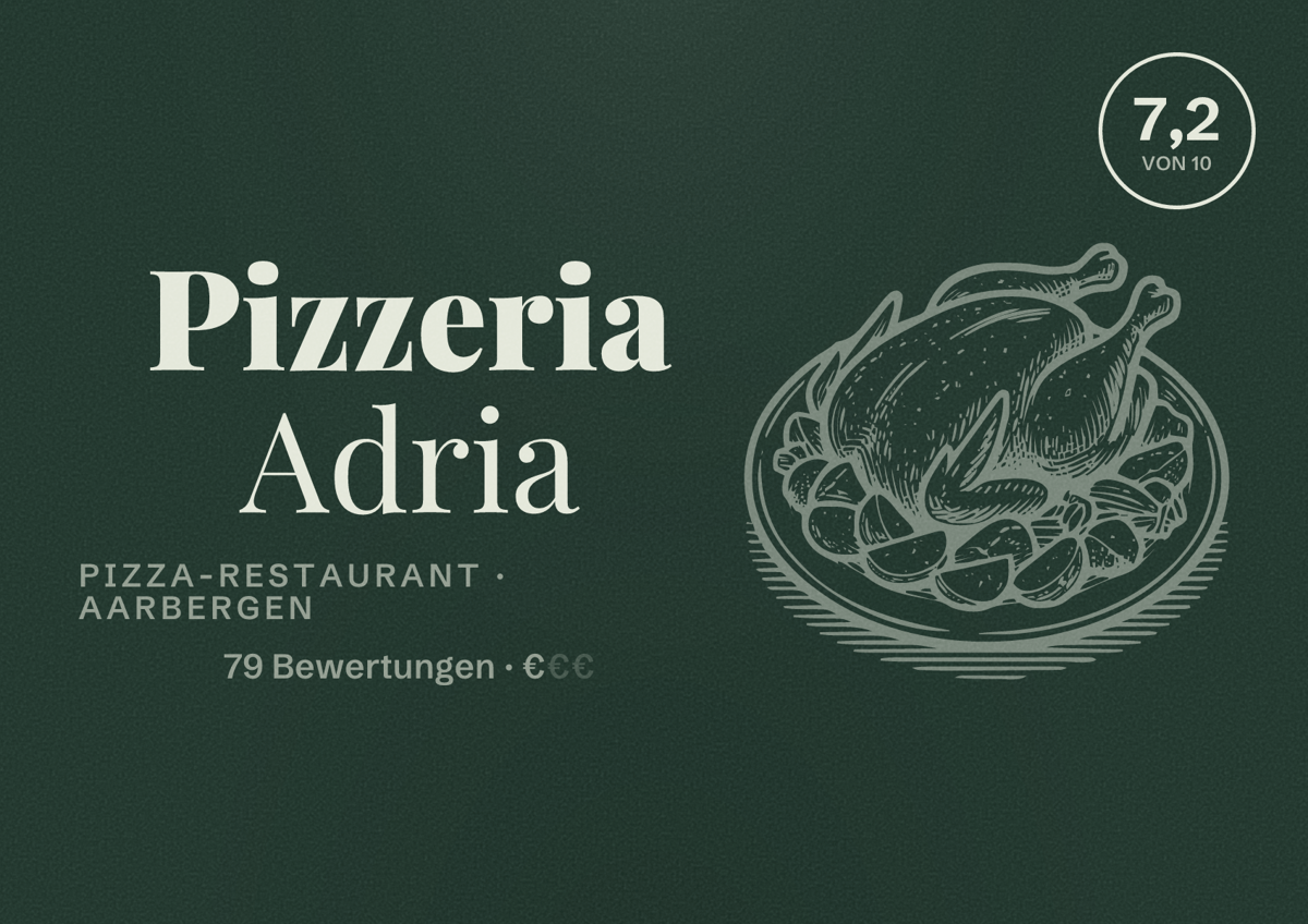 Illustriertes Poster von Pizzeria Adria, Pizza-Restaurant in Aarbergen: Bewertung 7,2 von 10 aus 79 Bewertungen, Preisniveau €