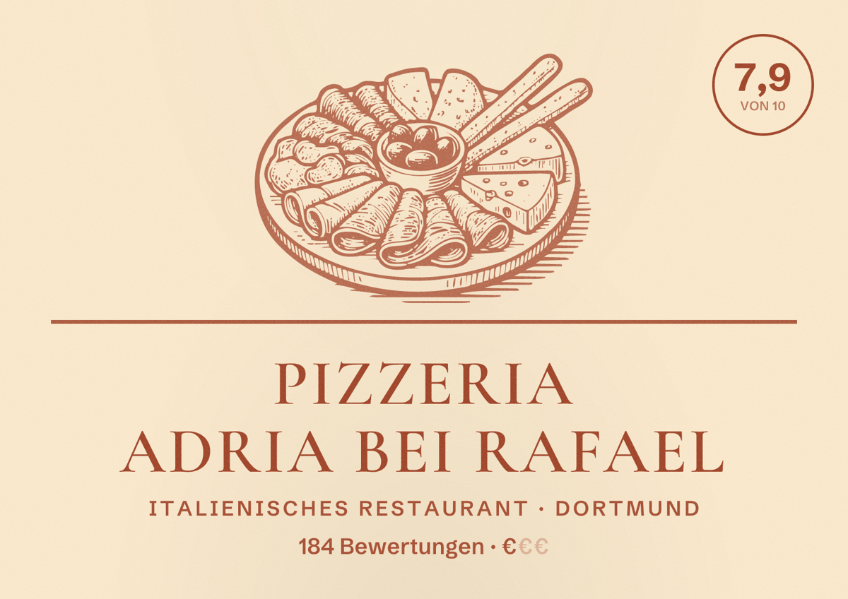 Illustriertes Poster von Pizzeria Adria Bei Rafael, Italienisches Restaurant in Dortmund: Bewertung 7,9 von 10 aus 184 Bewertungen, Preisniveau €