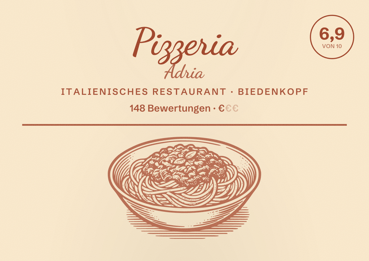 Illustriertes Poster von Pizzeria Adria, Italienisches Restaurant in Biedenkopf: Bewertung 6,9 von 10 aus 148 Bewertungen, Preisniveau €