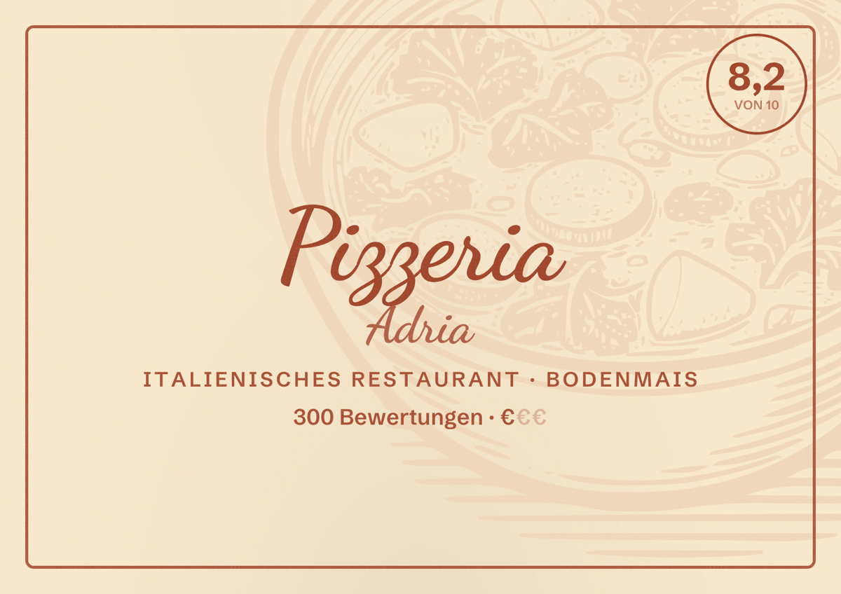 Illustriertes Poster von Pizzeria Adria, Italienisches Restaurant in Bodenmais: Bewertung 8,2 von 10 aus 300 Bewertungen, Preisniveau €