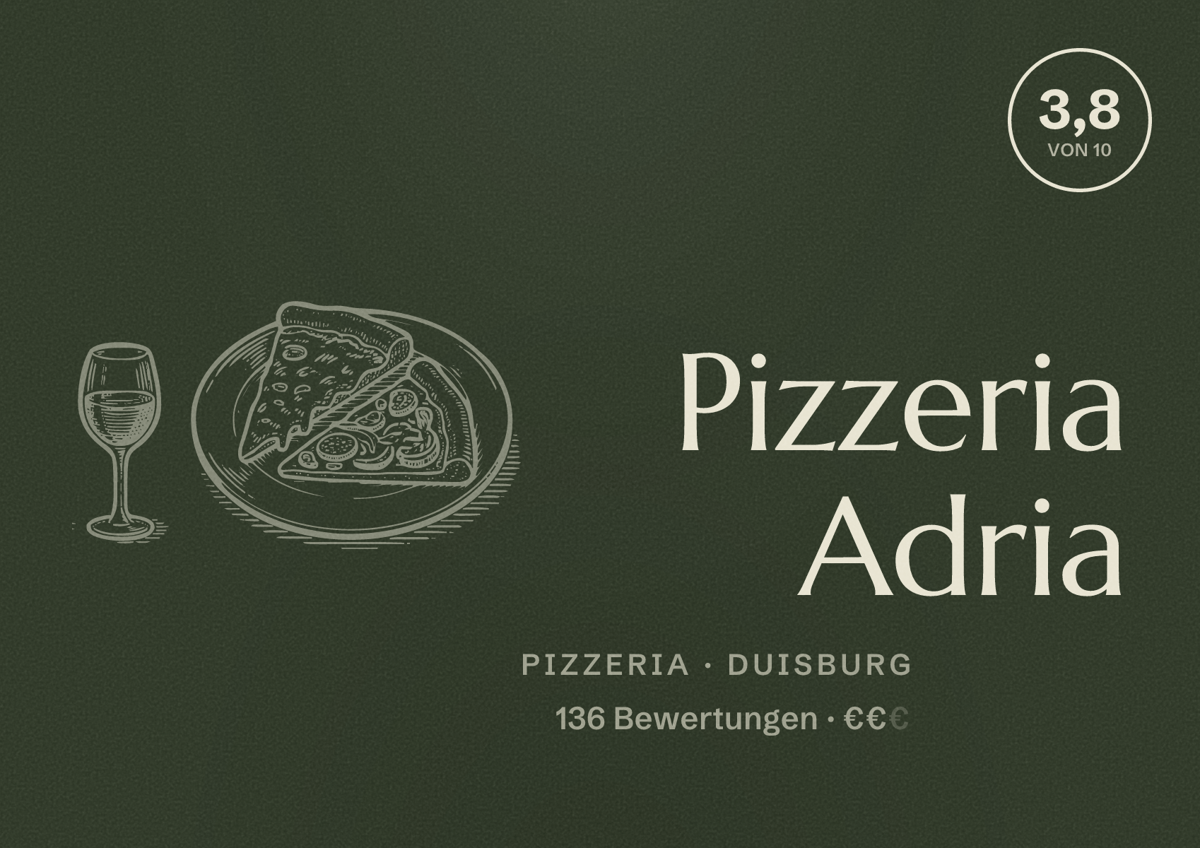 Illustriertes Poster von Pizzeria Adria, Pizzeria in Duisburg: Bewertung 3,8 von 10 aus 136 Bewertungen, Preisniveau €€