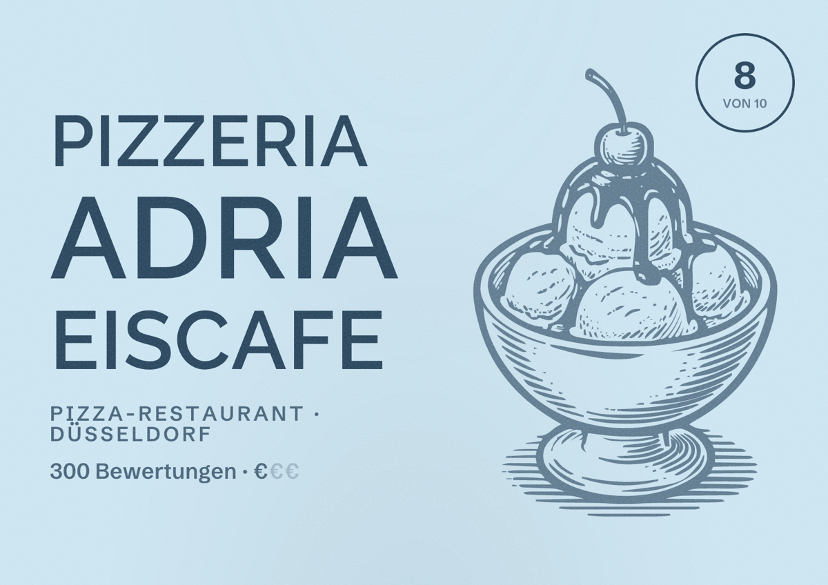 Illustriertes Poster von Pizzeria Adria Eiscafe, Pizza-Restaurant in Düsseldorf: Bewertung 8 von 10 aus 300 Bewertungen, Preisniveau €