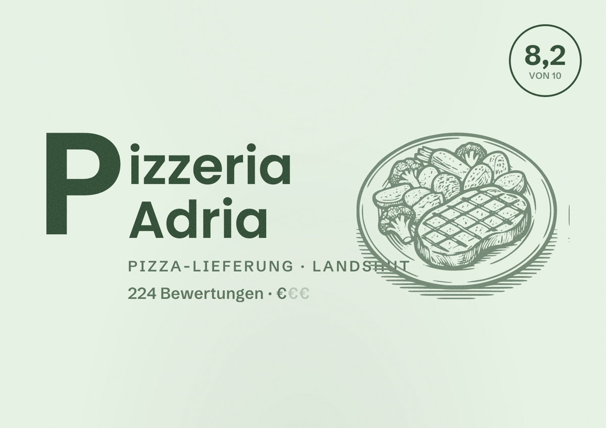 Illustriertes Poster von Pizzeria Adria, Pizza-Lieferung in Landshut: Bewertung 8,2 von 10 aus 224 Bewertungen, Preisniveau €