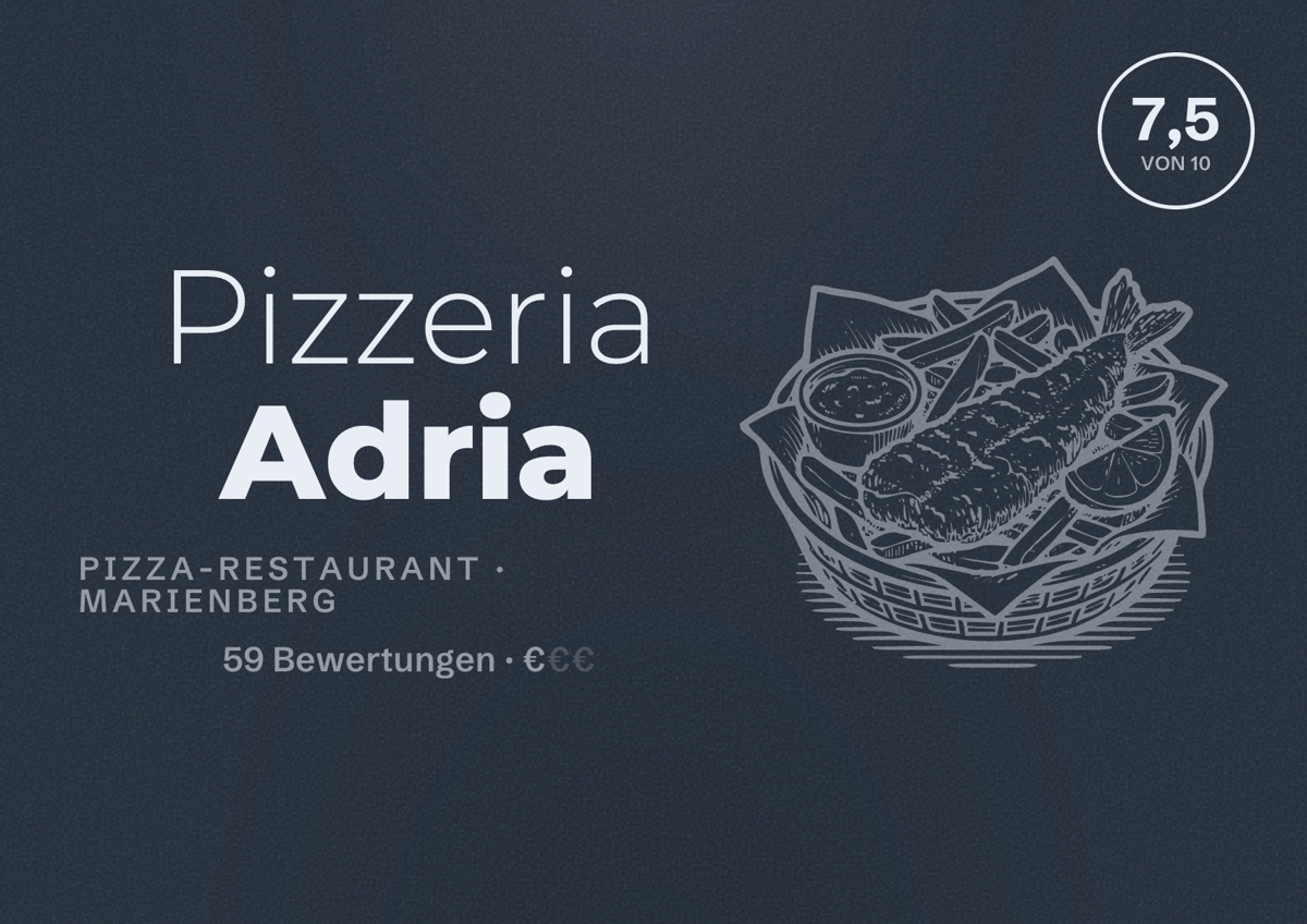 Illustriertes Poster von Pizzeria Adria, Pizza-Restaurant in Marienberg: Bewertung 7,5 von 10 aus 59 Bewertungen, Preisniveau €