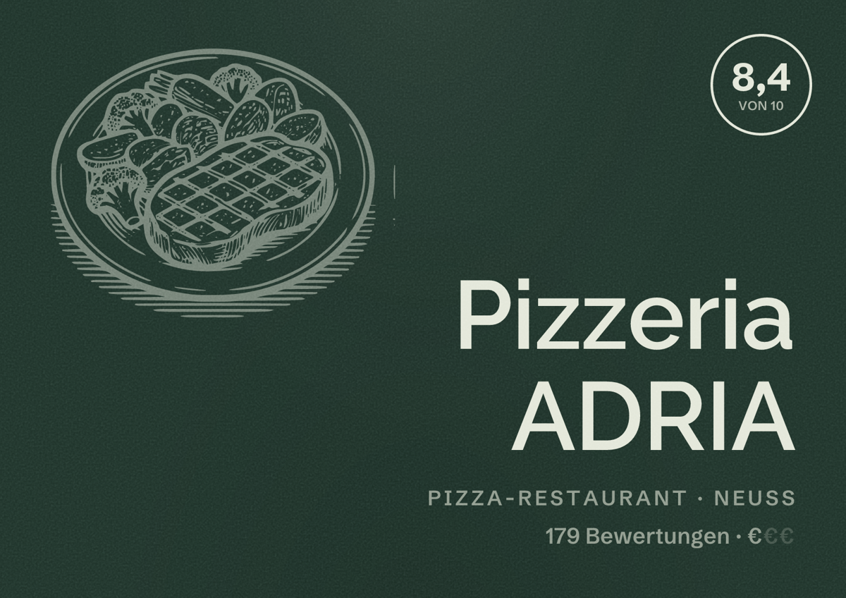 Illustriertes Poster von Pizzeria ADRIA, Pizza-Restaurant in Neuss: Bewertung 8,4 von 10 aus 179 Bewertungen, Preisniveau €