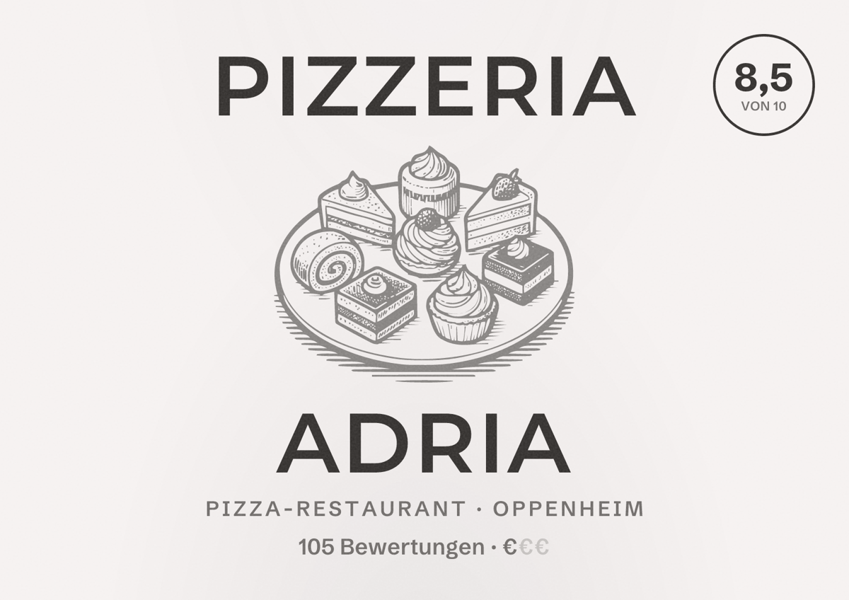 Illustriertes Poster von Pizzeria Adria, Pizza-Restaurant in Oppenheim: Bewertung 8,5 von 10 aus 105 Bewertungen, Preisniveau €