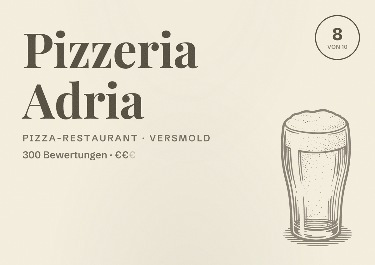 Illustriertes Poster von Pizzeria Adria, Pizza-Restaurant in Versmold: Bewertung 8 von 10 aus 300 Bewertungen, Preisniveau €€