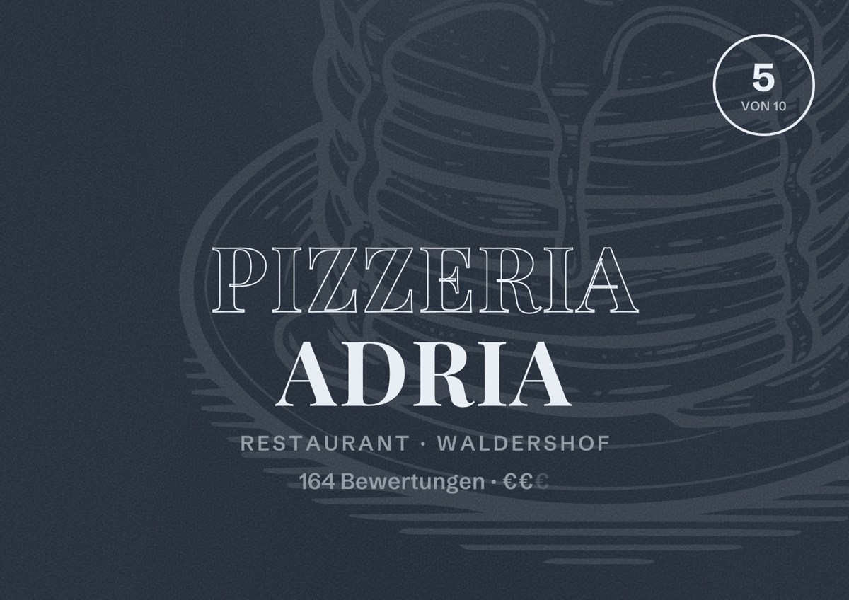 Illustriertes Poster von Pizzeria Adria, Restaurant in Waldershof: Bewertung 5 von 10 aus 164 Bewertungen, Preisniveau €€