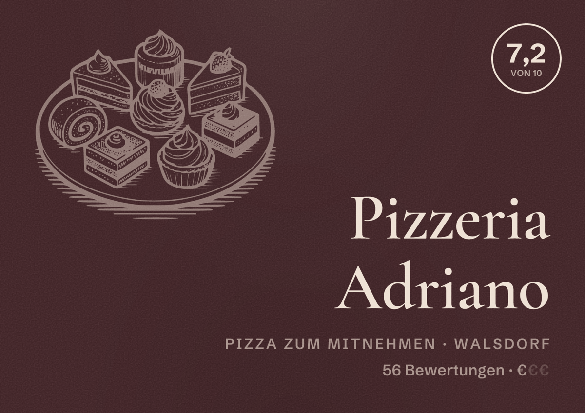 Illustriertes Poster von Pizzeria Adriano, Pizza zum Mitnehmen in Walsdorf: Bewertung 7,2 von 10 aus 56 Bewertungen, Preisniveau €
