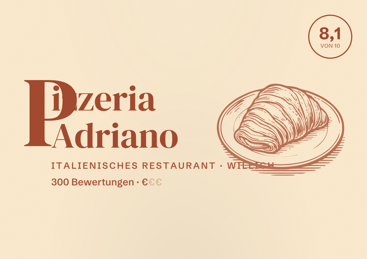 Illustriertes Poster von Pizzeria Adriano, Italienisches Restaurant in Willich: Bewertung 8,1 von 10 aus 300 Bewertungen, Preisniveau €