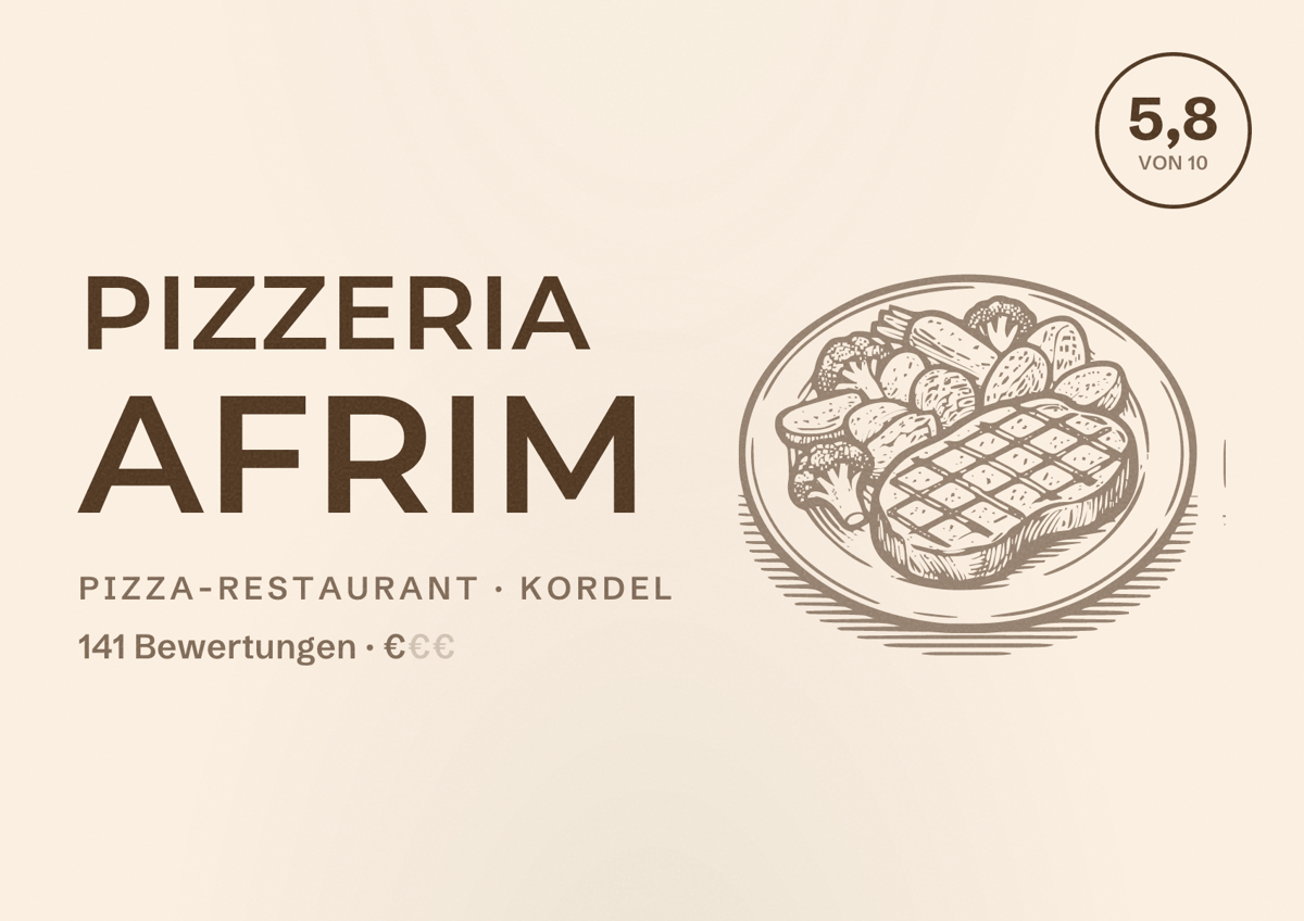 Illustriertes Poster von Pizzeria Afrim, Pizza-Restaurant in Kordel: Bewertung 5,8 von 10 aus 141 Bewertungen, Preisniveau €