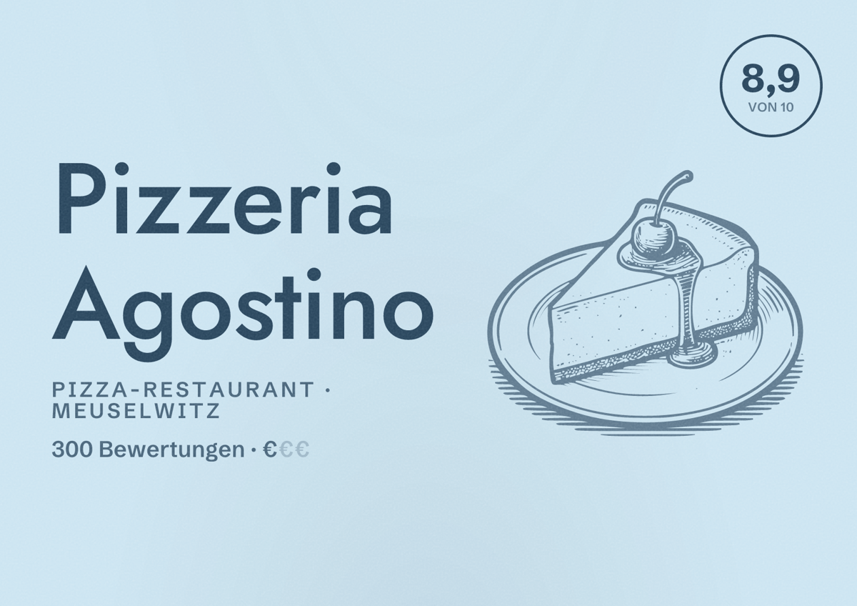 Illustriertes Poster von Pizzeria Agostino, Pizza-Restaurant in Meuselwitz: Bewertung 8,9 von 10 aus 300 Bewertungen, Preisniveau €