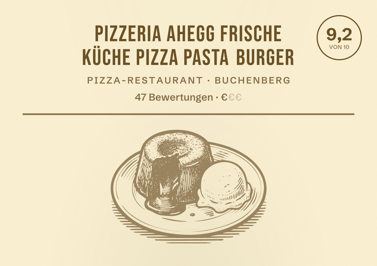 Illustriertes Poster von Pizzeria Ahegg Frische Küche Pizza Pasta Burger, Pizza-Restaurant in Buchenberg: Bewertung 9,2 von 10 aus 47 Bewertungen, Preisniveau €