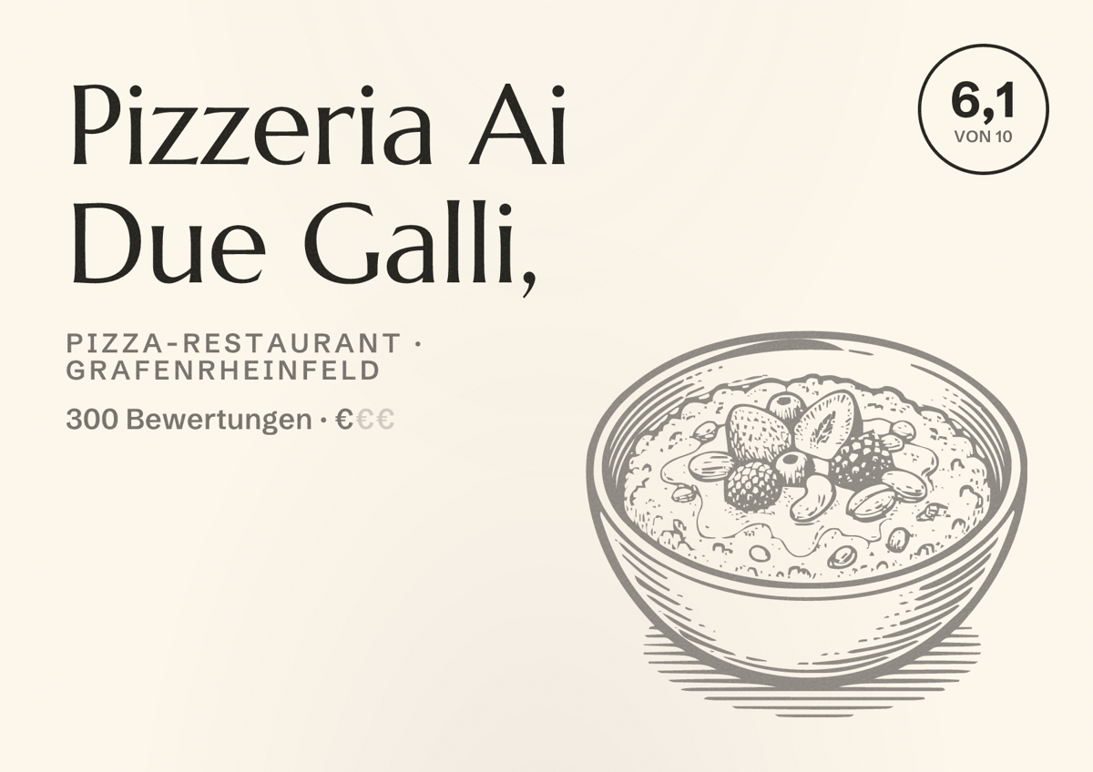 Illustriertes Poster von Pizzeria Ai Due Galli,, Pizza-Restaurant in Grafenrheinfeld: Bewertung 6,1 von 10 aus 300 Bewertungen, Preisniveau €