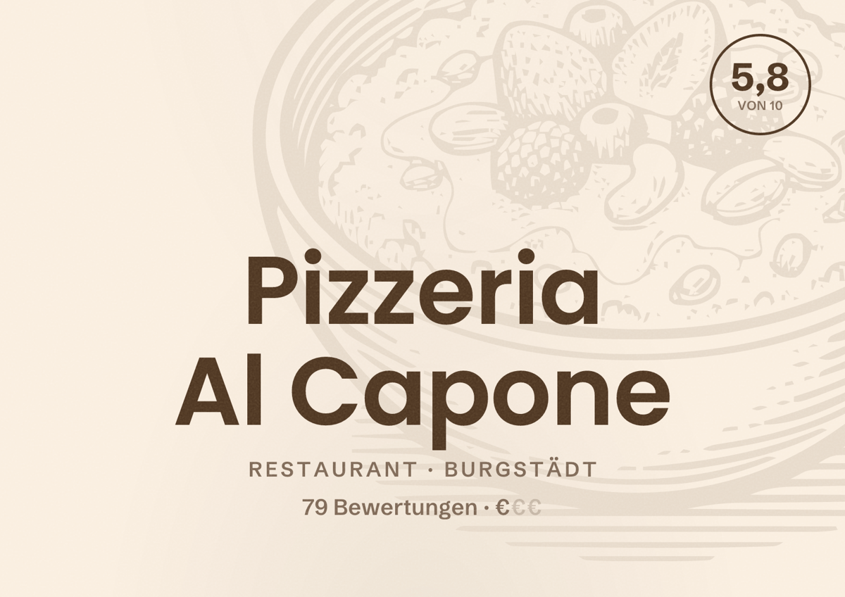 Illustriertes Poster von Pizzeria Al Capone, Restaurant in Burgstädt: Bewertung 5,8 von 10 aus 79 Bewertungen, Preisniveau €