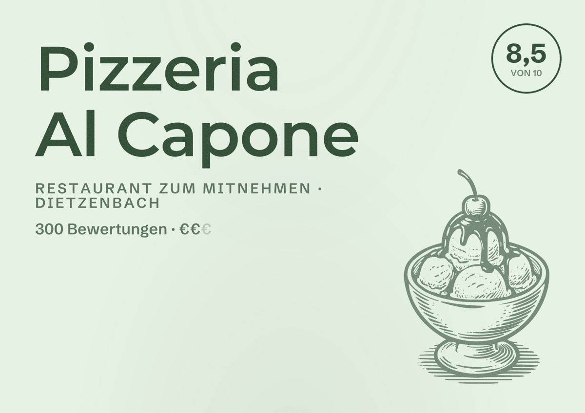Illustriertes Poster von Pizzeria Al Capone, Restaurant zum Mitnehmen in Dietzenbach: Bewertung 8,5 von 10 aus 300 Bewertungen, Preisniveau €€