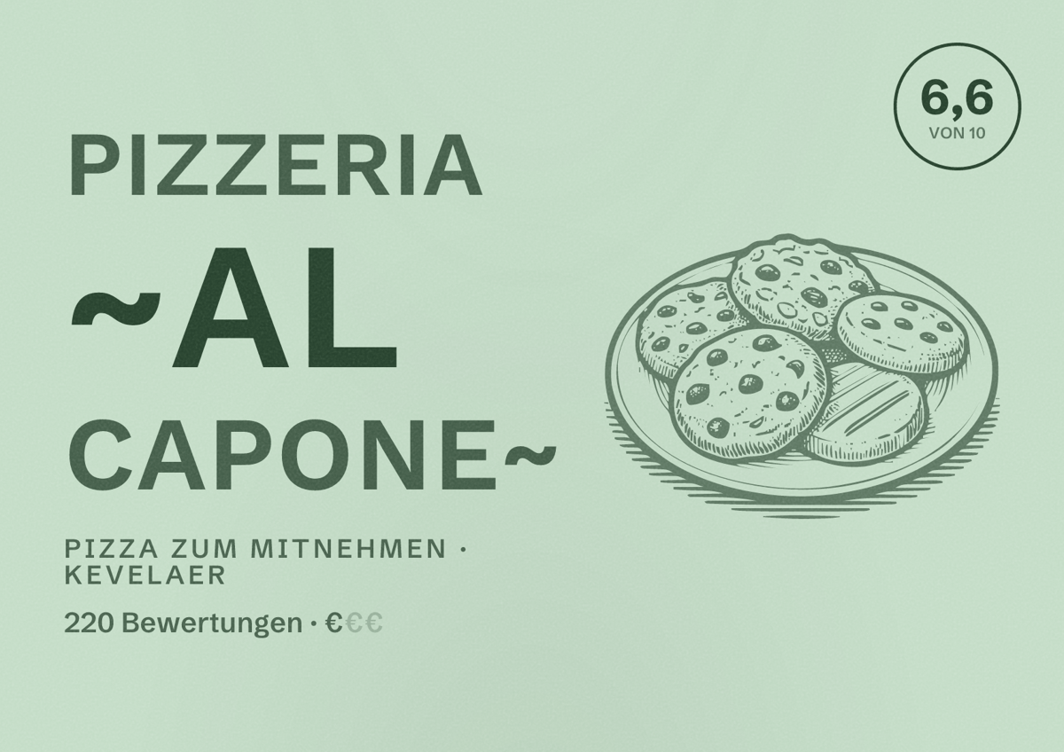 Illustriertes Poster von Pizzeria ~Al Capone~, Pizza zum Mitnehmen in Kevelaer: Bewertung 6,6 von 10 aus 220 Bewertungen, Preisniveau €