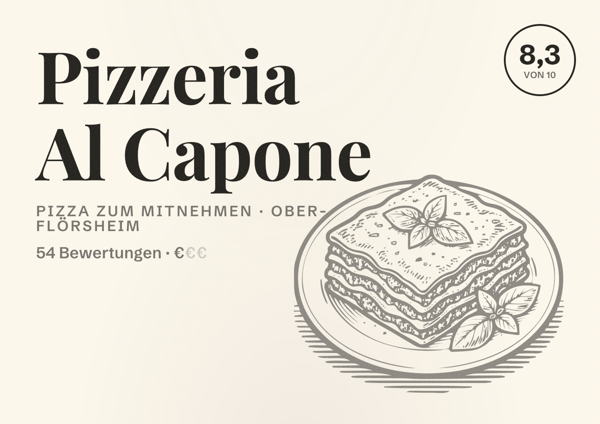 Illustriertes Poster von Pizzeria Al Capone, Pizza zum Mitnehmen in Ober-Flörsheim: Bewertung 8,3 von 10 aus 54 Bewertungen, Preisniveau €