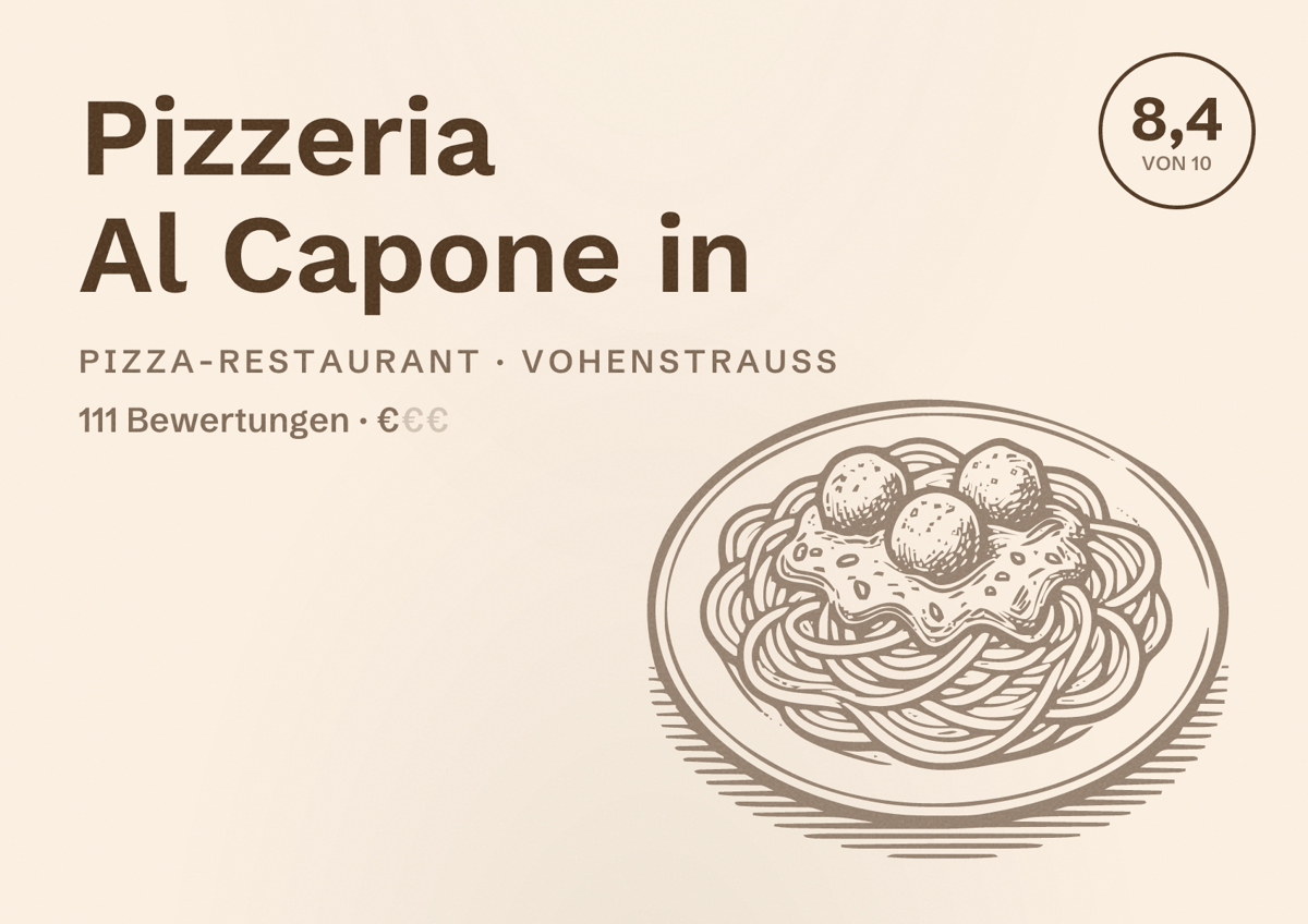 Illustriertes Poster von Pizzeria Al Capone in, Pizza-Restaurant in Vohenstrauß: Bewertung 8,4 von 10 aus 111 Bewertungen, Preisniveau €