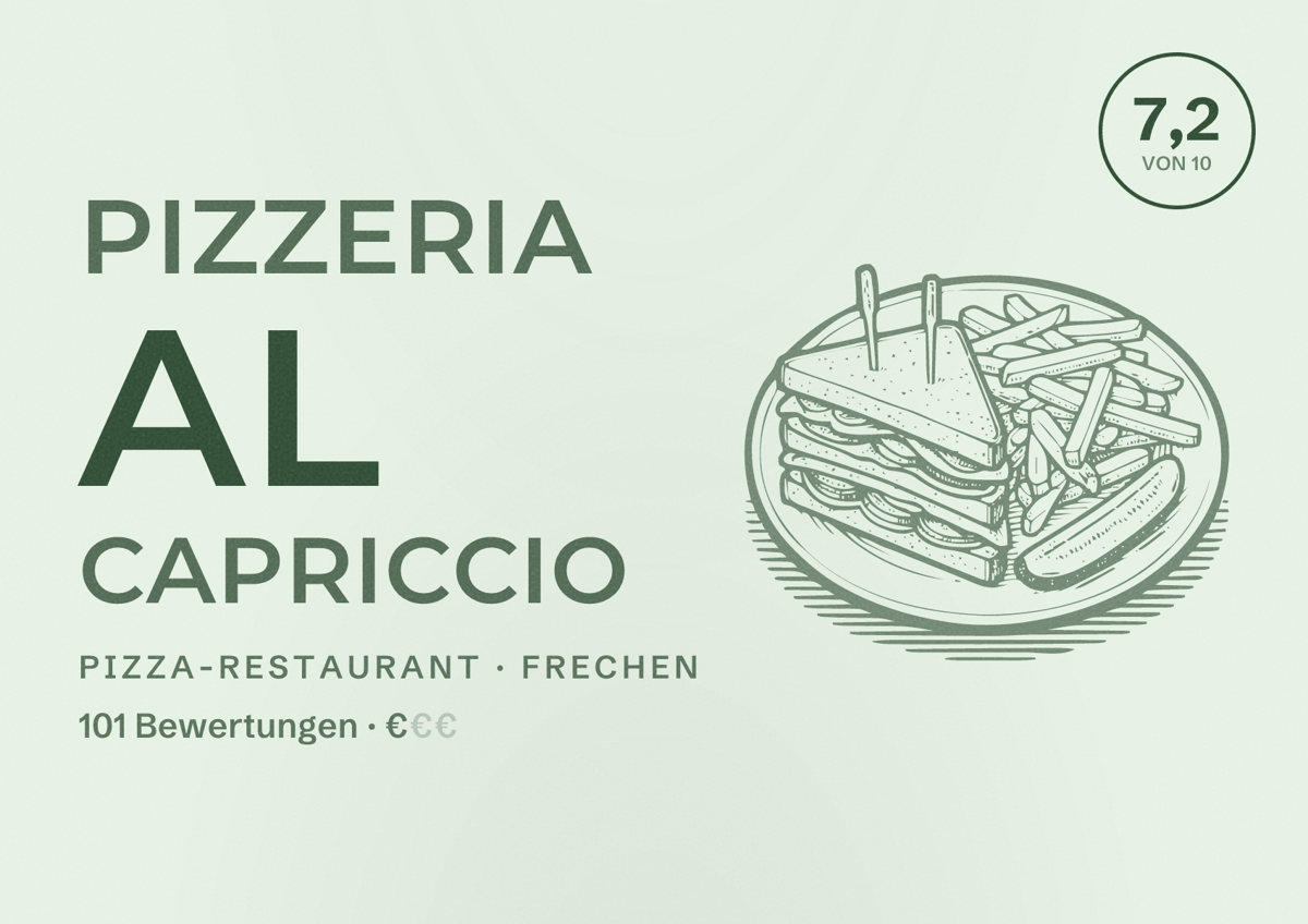 Illustriertes Poster von Pizzeria Al Capriccio, Pizza-Restaurant in Frechen: Bewertung 7,2 von 10 aus 101 Bewertungen, Preisniveau €