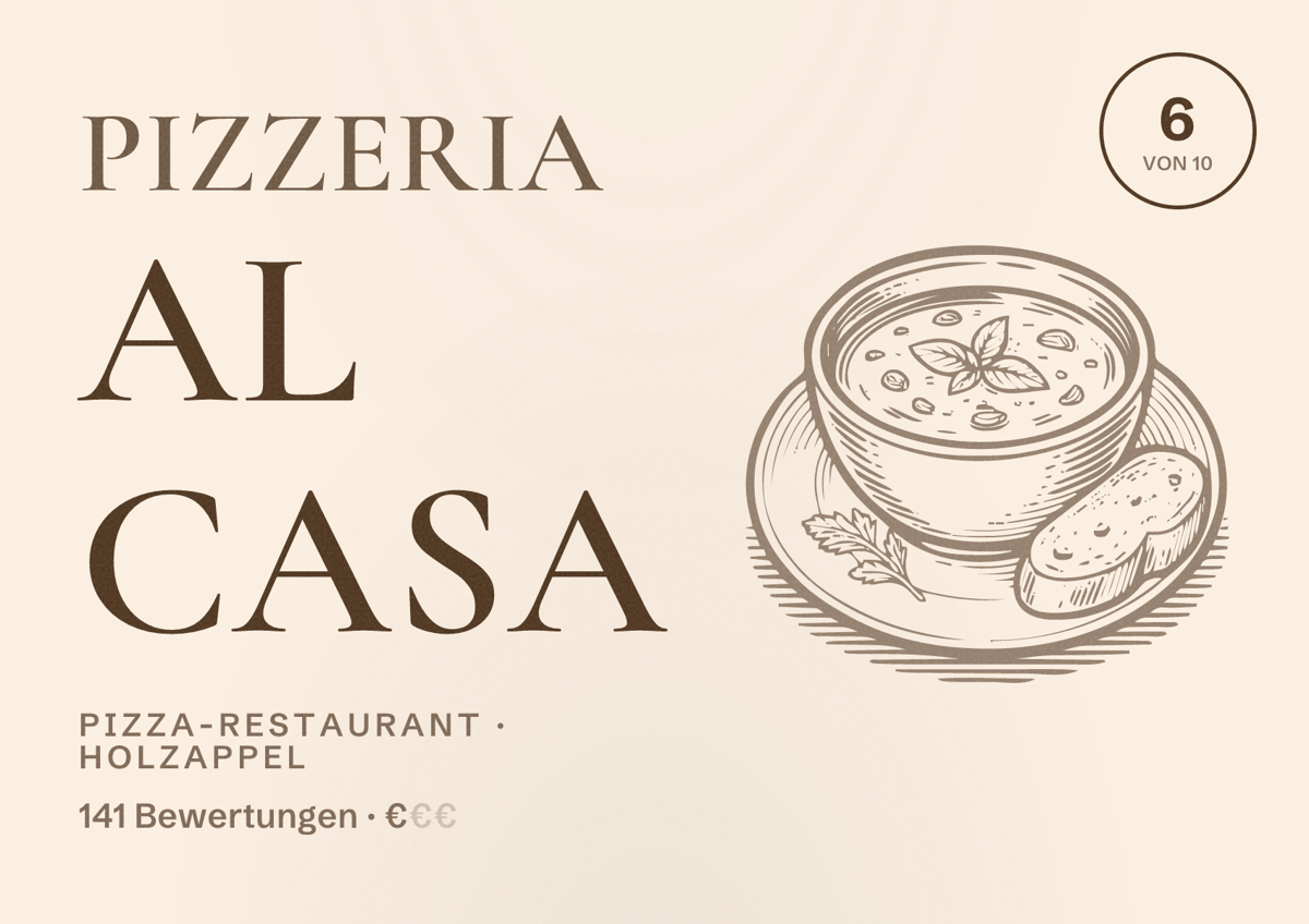 Illustriertes Poster von Pizzeria al casa, Pizza-Restaurant in Holzappel: Bewertung 6 von 10 aus 141 Bewertungen, Preisniveau €