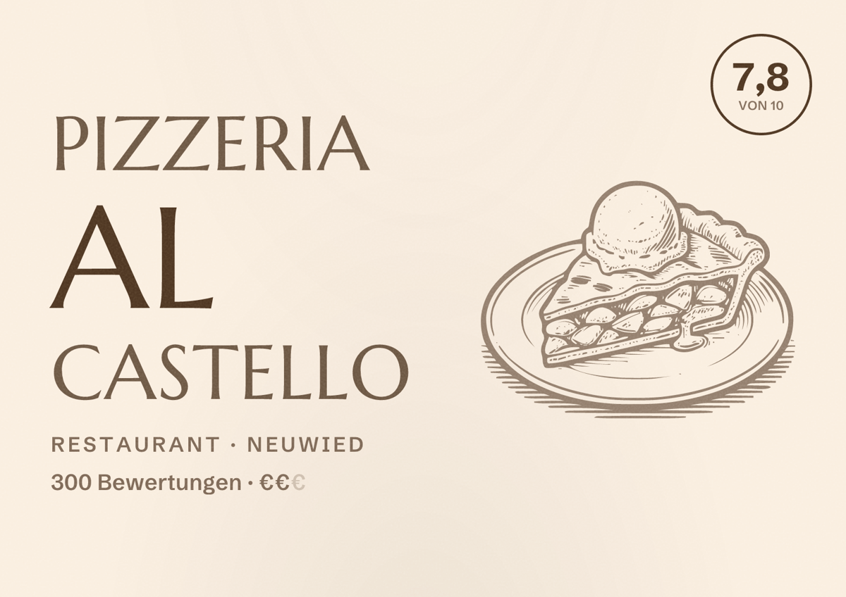 Illustriertes Poster von Pizzeria Al Castello, Restaurant in Neuwied: Bewertung 7,8 von 10 aus 300 Bewertungen, Preisniveau €€