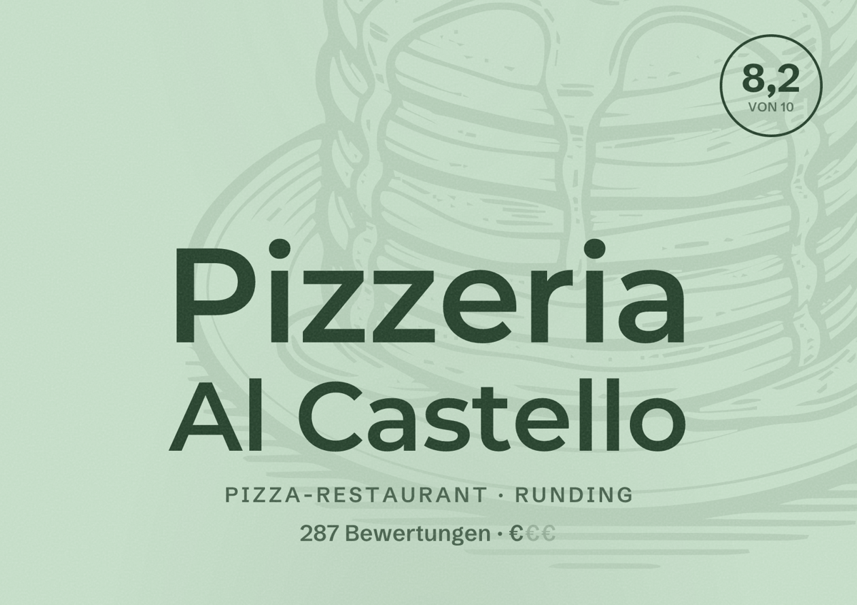 Illustriertes Poster von Pizzeria Al Castello, Pizza-Restaurant in Runding: Bewertung 8,2 von 10 aus 287 Bewertungen, Preisniveau €