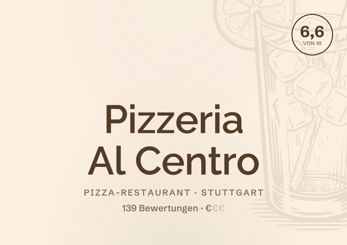 Illustriertes Poster von Pizzeria Al Centro, Pizza-Restaurant in Stuttgart: Bewertung 6,6 von 10 aus 139 Bewertungen, Preisniveau €