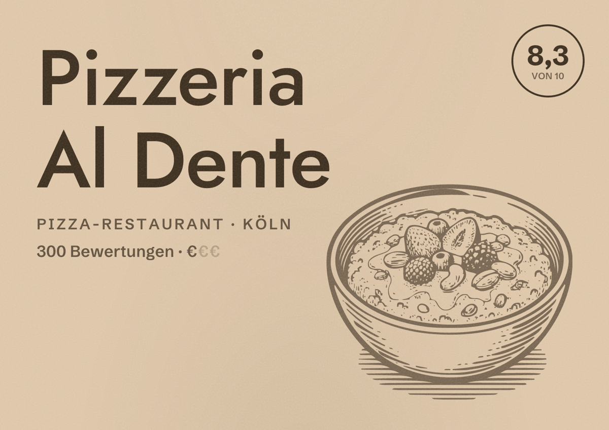 Illustriertes Poster von Pizzeria Al Dente, Pizza-Restaurant in Köln: Bewertung 8,3 von 10 aus 300 Bewertungen, Preisniveau €
