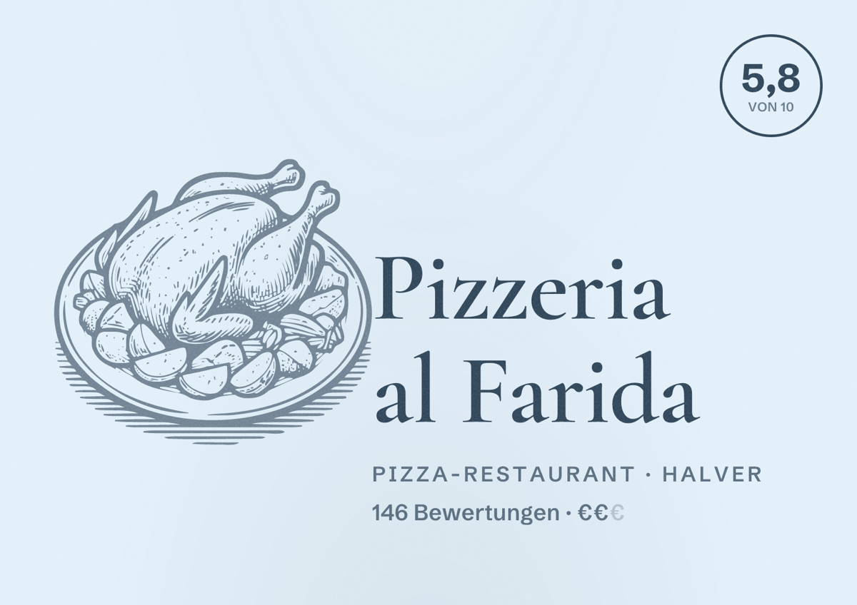 Illustriertes Poster von Pizzeria al Farida, Pizza-Restaurant in Halver: Bewertung 5,8 von 10 aus 146 Bewertungen, Preisniveau €€