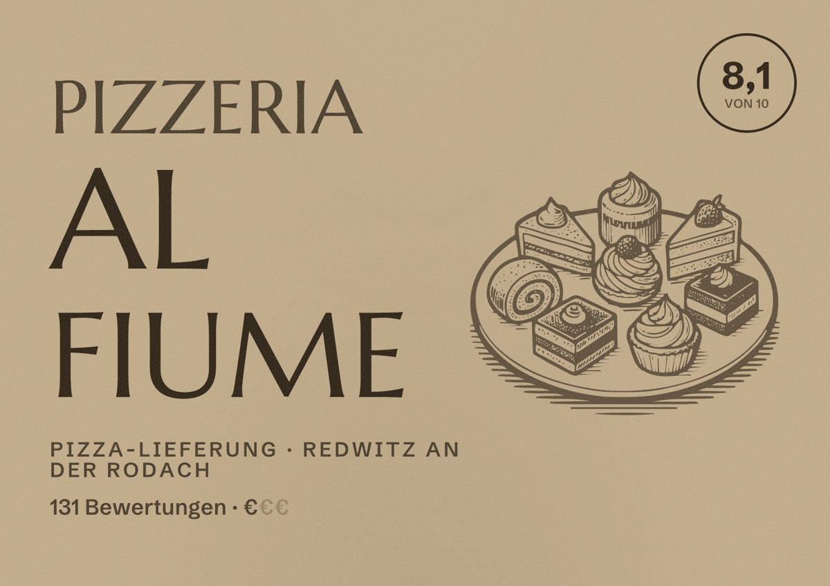 Illustriertes Poster von PIZZERIA AL FIUME, Pizza-Lieferung in Redwitz an der Rodach: Bewertung 8,1 von 10 aus 131 Bewertungen, Preisniveau €
